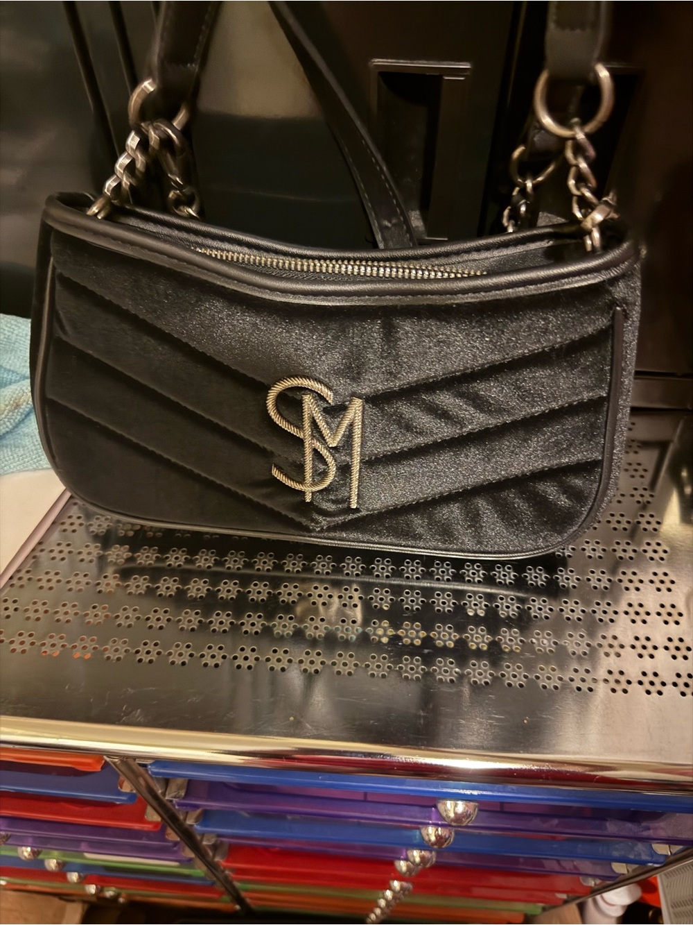 Steve Madden Black Quilted Shoulder Bag with Gold SM Logo